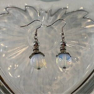 New Handmade Opalite Glow Drop Earrings with Ornate Silver-Tone Caps